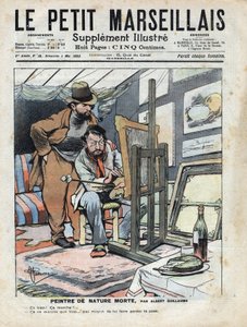 Tavan arası resminde bir ressam natürmort, şarap şişesi ve maket olarak kullanılan pasta yerinde durmuyor. Albert Guillaume (1873-1942) tarafından “” Le petit Marseillais”den çizim 04/05/1902 by Albert Guillaume