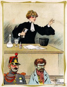 Güzel yüzlü bir kadın avukat, müvekkilini savunur ve savunur sabırlı görünüyor. Reklam, gravür 1902-1903 by Albert Guillaume