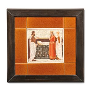 Bir ortaçağ sahnesi ile boyanmış karo, 1880-99 dolayları (boyalı seramik) by Albert Joseph (attr.to) Moore