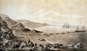 İrlanda ve Kanada arasındaki ilk transatlantik telgraf kablosunun montajı (1857) Albert Kruger tarafından gravür c.1870 by Albert Kruger