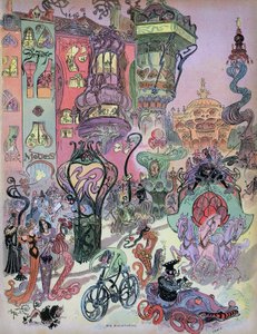 Tasarımcı Albert Robida#39;dan Paris#39;in modern tarzının ön görünümü. Bu güzel çizimde Robida#39;nın 1960-1980 yıllarındaki grupların yaratıcıları üzerindeki etkisini görüyoruz; özellikle Fred (Othon Aristides, quot;quot;Aventures of Philemonquot;quot;)  by Albert Robida