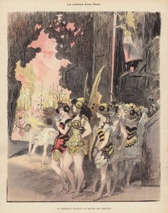 Theatre du Chatelet, Paris'te Ballet des Insectes'in prodüksiyonu sırasında kulis (renkli taş) by Albert Robida