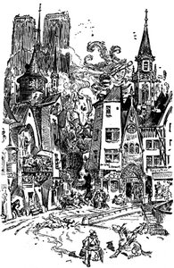Dev Gargantua Paris#39;te yürüyor, yoluna panik ve yıkım ekiyor. Arka planda kuleleri göze çarpan Notre Dame de Paris Katedrali#39;ne tükürmeyi öğrenir. Bu tükürükle 3000#39;den fazla Parisli boğulacak! İllüstrasyon by Albert Robida