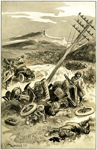 Leon Berthault#39;un “” Le Record du Tour du Monde “” adlı kitabı için Albert Robida (1848-1926) tarafından yapılan illüstrasyon, Mame baskısı 20. yüzyılın başlangıcı (1911) - 1900 civarında bir trafik kazası: arabanın telgraf hattı direğine çarpması. Araç by Albert Robida