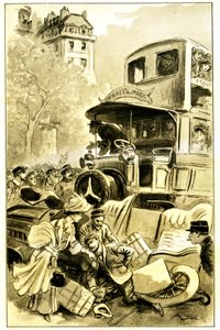 Leon Berthault#39;un “Le Record du Tour du Monde” adlı kitabı için Albert Robida (1848-1926) tarafından yapılan çizim, Mame#39;in ilk baskısı 20. yüzyıl (1911) - 1900 civarında Paris#39;te bir trafik kazası: bir omnibüsün arabaya çarpması. Sürücü yaralandı by Albert Robida