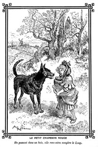 Kırmızı Başlıklı Kız, pastası ve tereyağı kavanozuyla Kurt#39;la tanışır. Albert Robida#39;nın (1848-1926) 1920-1930 tarihli çocuk okumaları kitabında yer alan çizim. by Albert Robida