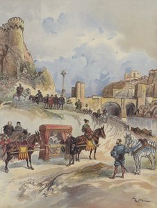 Kardeşini ziyaret edecek olan Fransız Marguerite, V. Charles tarafından Pont de Toledo