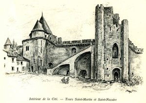 Orta Çağ Cite de Carcassonne (Aude, Languedoc, Pays Cathare) - Surlara karşı inşa edilmiş evlerle Saint Martin (Saint Martin) ve Saint Nazaire (Saint Nazaire) Turları - Albert Robida#39;nın (1848-1926) romantik gravürü başlangıç by Albert Robida