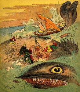 Denizci Sindbad (Sinbad) - bin bir gecenin hikayesi (1001) - maceralarını anlatan 1948 tarihli kitap (Fortin baskısı, Çocukluk koleksiyonunun Harika Görüntülemesi) - Albert Robida#39;nın çizimi (1848 - 1926): Sindbad ve arkadaşları arızalı by Albert Robida