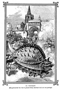 Tarascon#39;un Tarasque#39;ı, Provence folklorunun muhteşem canavarı: Albert Robida#39;nın A Mironneau, Librairie Armand Colin 1911#39;in “Okuma Seçimi” okul kitabının illüstrasyonu - by Albert Robida