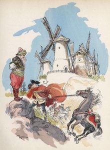 Mısır sınırını yeni geçen Baron de Munchausen, 7 değirmeni çalıştırmak için büyük bir figür tarafından kışkırtılan bir fırtınaya yakalandı. “” Albert Robida