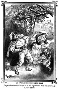 Polichinelle#39;in doğuşu. Albert Robida#39;nın (1848-1926) 1920-1930 tarihli çocuk okumaları kitabında yer alan çizim. by Albert Robida
