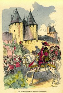 Fransa Kralı 1. François at sırtında Cite de Carcassonne, Porte Narbonnaise#39;nin önüne geliyor. Albert Robida#39;nın (1848-1926) çizimi: “Le tresor de Carcassonne” kitabının ön kısmı, ilk baskısı H. Laurens 1921. by Albert Robida