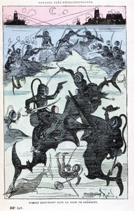 Papagayo körfezinde sualtı muharebesi (balık süren skaphandler), Jules Verne parodisi, Robida tarafından “” Saturnin Farandoul