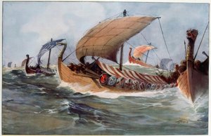 Drakkar. Viking uzun gemileri yelken altında