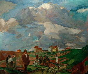 Banliyö evleri (insanlar ve koyun sürüsü ile) by Albert Weisgerber