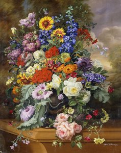 Bir Çıkıntıda Güller, Delphiniums, Gelincikler ve Kadife Çiçeği ile Natürmort by Albert Williams