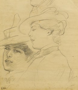 Süslü şapka takan bir kadın başı, profil ve üç çeyrek görünüm, c.1900 (açık kahverengi kağıt üzerine kurşun kalem) by Albert de Belleroche