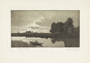 Nehirde bir teknede bir balıkçı ile manzara Sur le Po (nesne üzerindeki başlık) by Alberto Grosso