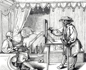 Bir portrenin orantılarını doğru bir şekilde elde etmek için bir çizim yardımı kullanan bir sanatçıyı betimleyen gravür. Alman ressam, matbaacı ve Rönesans teorisyeni Albrecht Dürer (1471-1528) tarafından yapılan gravür