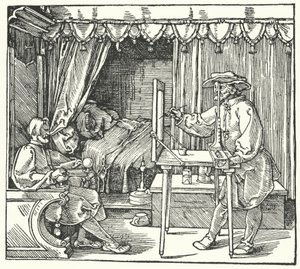 Bir cam levha üzerinde nesnenin ana hatlarını işaretleyerek ölçekli bir görüntü üretme yöntemi (gravür) by Albrecht (after) Durer or Duerer