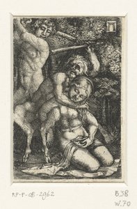 Satyr ve bir adam bir kadın için kavga ediyor by Albrecht Altdorfer