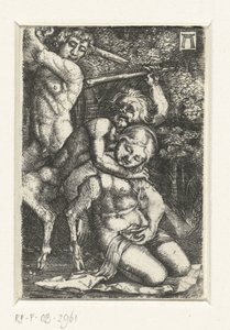Satyr ve bir adam bir kadın için kavga ediyor by Albrecht Altdorfer