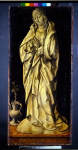 Eskiden bir üçlünün kanatları, bir çift, duyuru ile birlikte bilgeliği ve cömertliği kişileştiren kadın figürleri (panel; en grisaille verso) by Albrecht Bouts