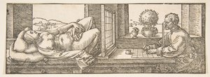 Yatan Bir Kadının Perspektif Çizimini Yapan Ressam, ca. 1600. by Albrecht Dürer