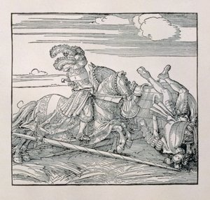 Almanya İmparatoru I. Maximilian (1459-1519), İmparatorların şövalyelik işlerini yücelten yayınlanmamış bir kitaptan bir mızrak dövüşünde rakibini tahtından indiriyor, c.1515 by Albrecht Dürer