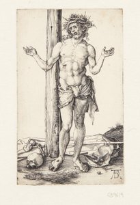 Üzüntülerin adamı ellerini kaldırmış by Albrecht Dürer