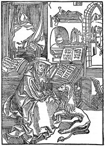 St Jerome çalışma odasında bir aslan pençesinden bir diken çekiyor, 1492, 1936 by Albrecht Dürer