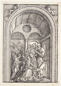 Tonozlu bir salonda iki melek ile Kutsal Aile by Albrecht Dürer