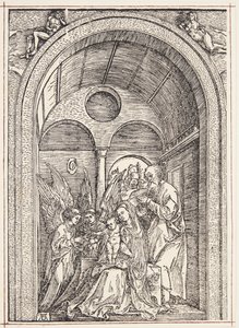 Tonozlu bir salonda iki melek ile Kutsal Aile by Albrecht Dürer