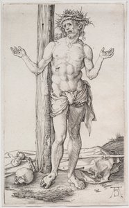 Acıların Adamı Ayakta, Elleri Kaldırılmış, c. 1500. by Albrecht Dürer