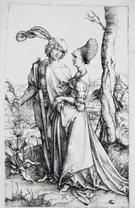 Bir ağacın arkasına gizlenmiş, bir kum saati tutan Ölüm tarafından izlenen yürüyen bir çift). Albrecht Durer (1471-1528) 1496-1498 Dim. 19x12 cm Berlin, gravür dolabı by Albrecht Dürer
