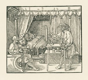 Oturan bir adamı camdan bir düzlem üzerine bir gözetleme pervanesi aracılığıyla çizen bir sanatçı by Albrecht Dürer or Duerer