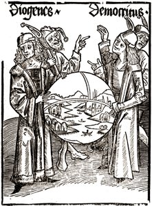 Diogenes (-413 - -327) ve Democritus (-460 - -370) - Sébastien Brandt (1458 - 1521) tarafından “” Das Narrenschif (Aptalların teknesi) ”de. Oymak. by Albrecht Dürer