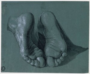 Etude de pieds - İki Ayak Çalışması - Albrecht Durer (1471-1528), Suluboya, beyaz renk, kağıt üzerine siyah tebeşir, c1508 (17,6x21.6cm) - Boijmans Van Beuningen Müzesi, Rotterdam by Albrecht Dürer