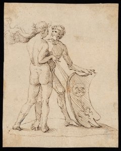 Willibald Pirckheimer'ın armasını taşıyan kalkanlı çıplak kadın ve adam by Albrecht Dürer