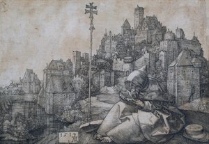 Saint Anthony bir şehrin önünde oturuyor - Albrecht Durer