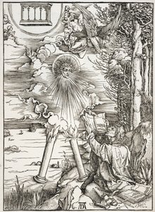 Kıyametten bir sahne, St. John Kitabı yiyip bitiriyor, Latin baskısı by Albrecht Dürer