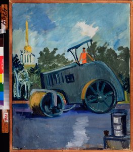 Asfalt kaplama. (Bir makine bir sokağa asfalt döşer). Resim Alexander Isaakovich Rusakov (1898-1952), tuval üzerine yağlı boya by Aleksandr Isaakovich Rusakov