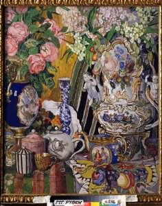 ""Çiçekler ve porselen ile natürmort"" Resim Alexander Yakovlevich Golovin (Alexander Golovin) (1863-1930) 1915 Devlet Tretyakov Galerisi, Moskova by Aleksandr Jakovlevic Golovin