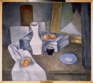 Elmalı ve mavi fincanlı natürmort (Elmalı ve mavi fincanlı natürmort) - Alexander Vasilyevich Shevchenko'nun (Alexander Chevtchenko) (1883-1948), karton üzerine yağlı boya, yaklaşık 1910 - Rus sanatı, 20. yüzyıl, avangard - Devlet Rusçası Müze, S