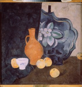 Sarı bir sürahi ve beyaz bir kase ile natürmort - Alexander Vasilyevich Shevchenko (Alexandre Chevtchenko) (1883-1948), karton üzerine yağlı boya - Rus sanatı