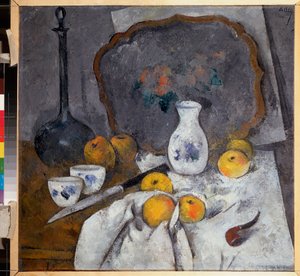 Sürahi ve boru ile natürmort (Ayrıca kumaş, bıçak ve tepsi üzerinde elma ile kompozisyon) - Bir sürahi ve bir boru ile natürmort - Alexander Vasilyevich Shevchenko (Alexander Chevtchenko) (1883-1948), karton üzerine yağ