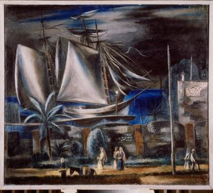 Port marin, la nuit (Karadeniz'de uzun bir gemi demirliyor) - Geceleri Liman - Alexander Vasilyevich Shevchenko (Alexander Shevchenko) (1883-1948), tuval üzerine yağlı boya