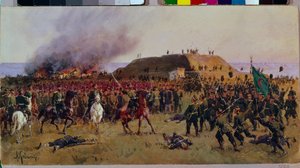 24 Ekim 1877'de Gorni Dubnik (Gorni-Dubnik) kalesinin ele geçirilmesi. Rus-Türk Savaşı: Rus ordusunun Kazakları ile Osmanlı İmparatorluğu askerleri arasındaki savaş sahnesi, geçişin kontrolü için askeri bölüm Shipka (Bulgaristan).