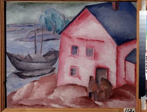 Nehrin yanında pembe bir ev (Nehirdeki Pembe Ev). Bir çift, bir tekne ve demirli bir tekneyle. Alexei Ilyich Kravchenko